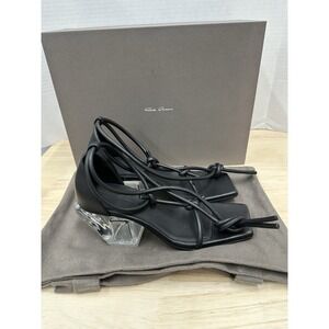 Rick Owens Women's 37.5 Black Ankle-Wrap Sandals Leather Heels Clear Block
